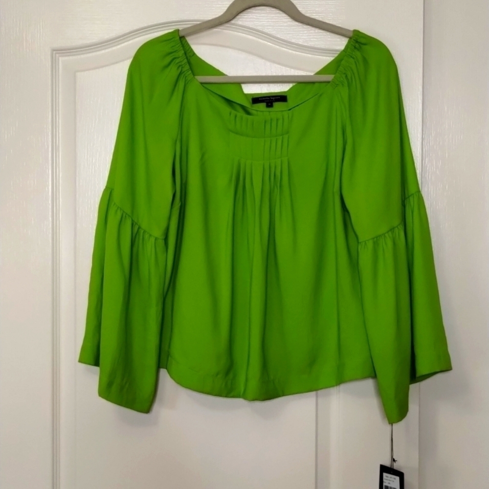 nanette lepore neon green wide arm blouse pleated front size 10